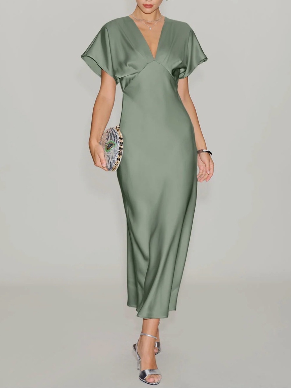 RIHOAS Olive Green Satin V-Neck Maxi Dress
